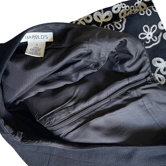 VTG Harold’s White Floral Embroidery Contrast Black Summer Cotton Tweed Skirt - Picture 12 of 15